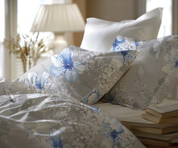 Pościel Bawełniana Błękitne Kwiaty w Szarości