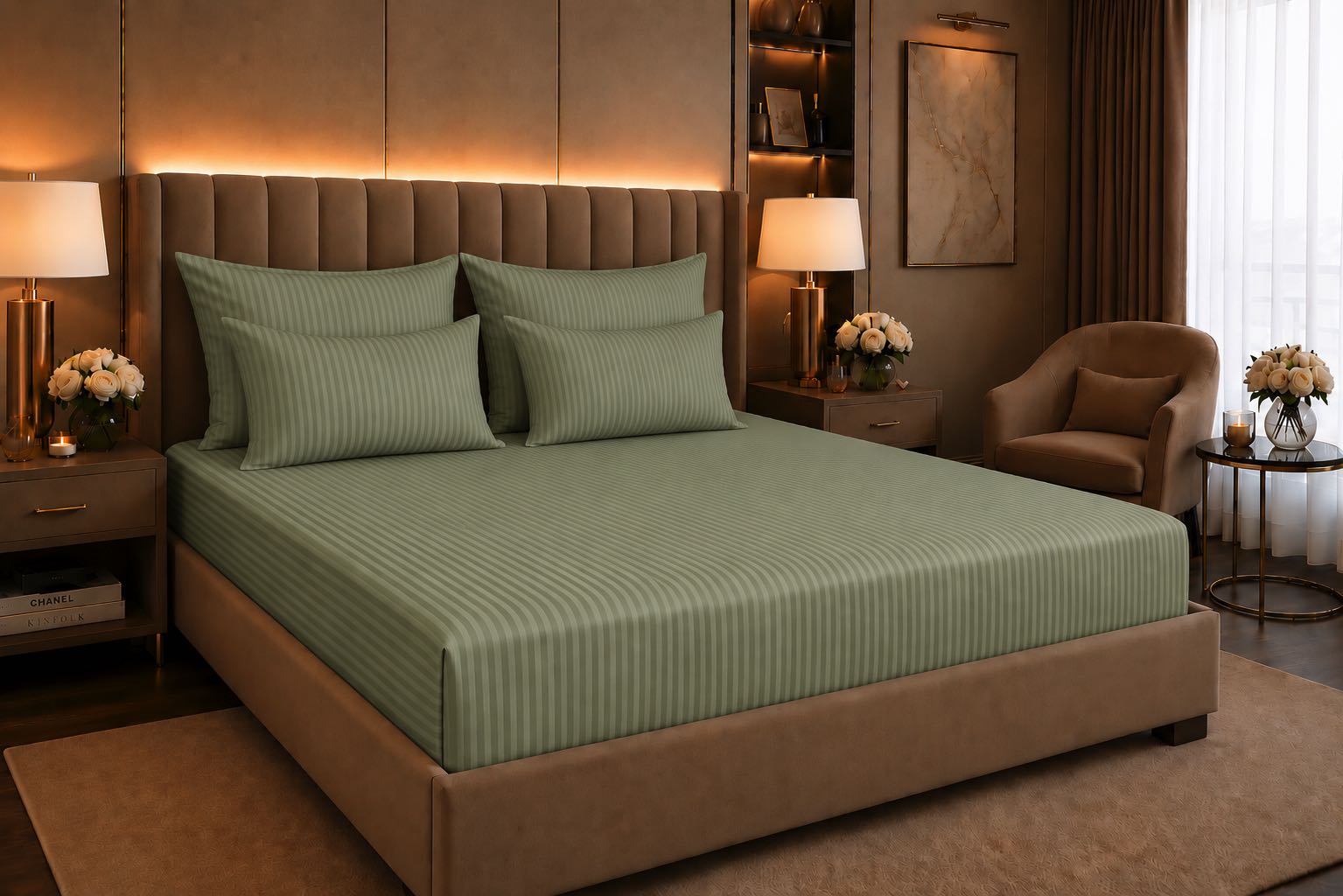 Prześcieradło Adamaszkowe z Gumką – Zielony Szałwiowy - obrazek 3